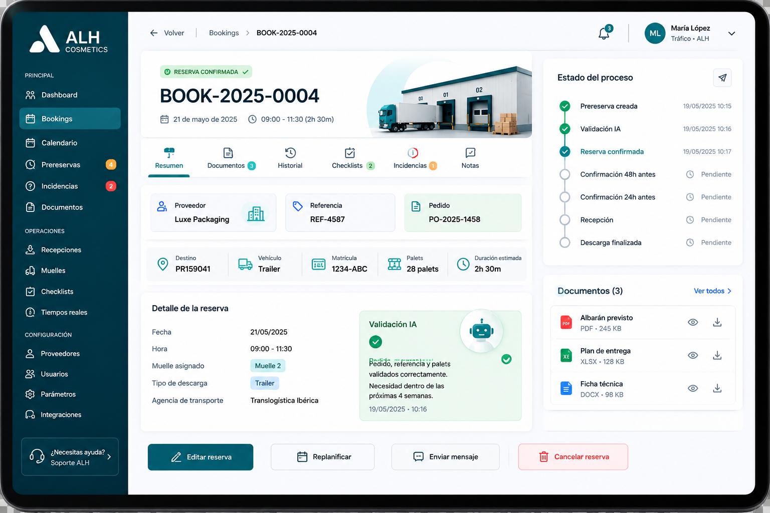 Plataforma ALH Booking abierta en una tablet